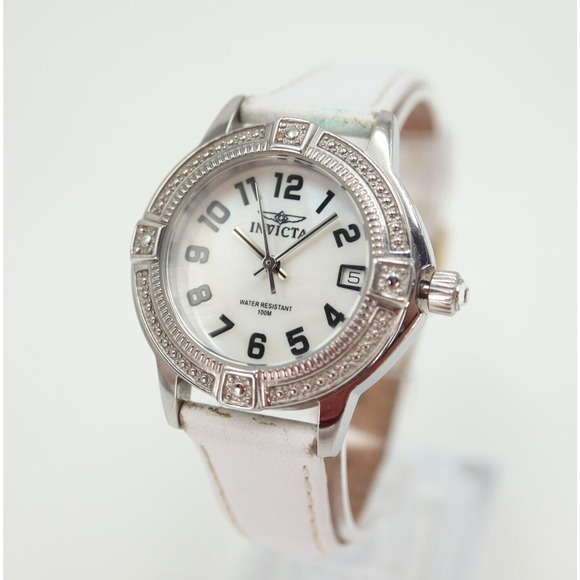 Invicta Womens Watch 33mm Silver Tone MOP Dial White Leather 100m w New Battery - Picture 1 of 16